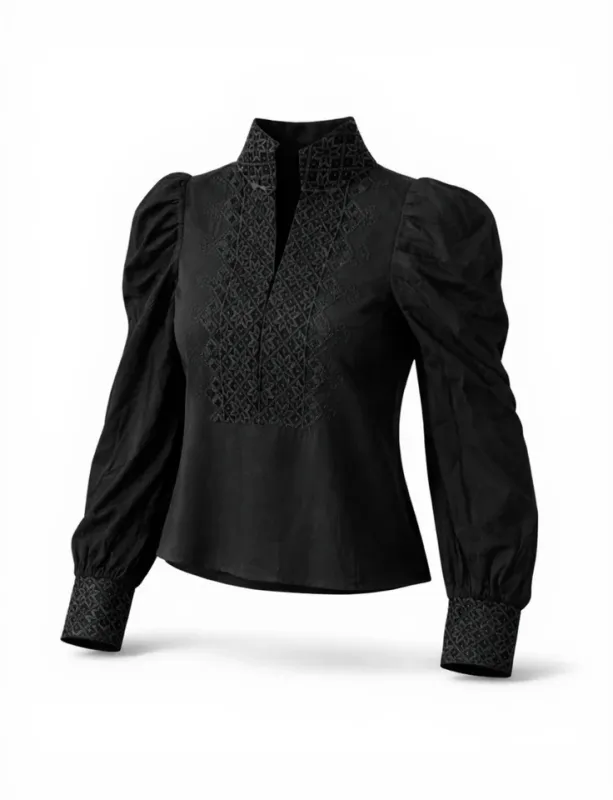 NORDlysblusen - Sort med sort broderi